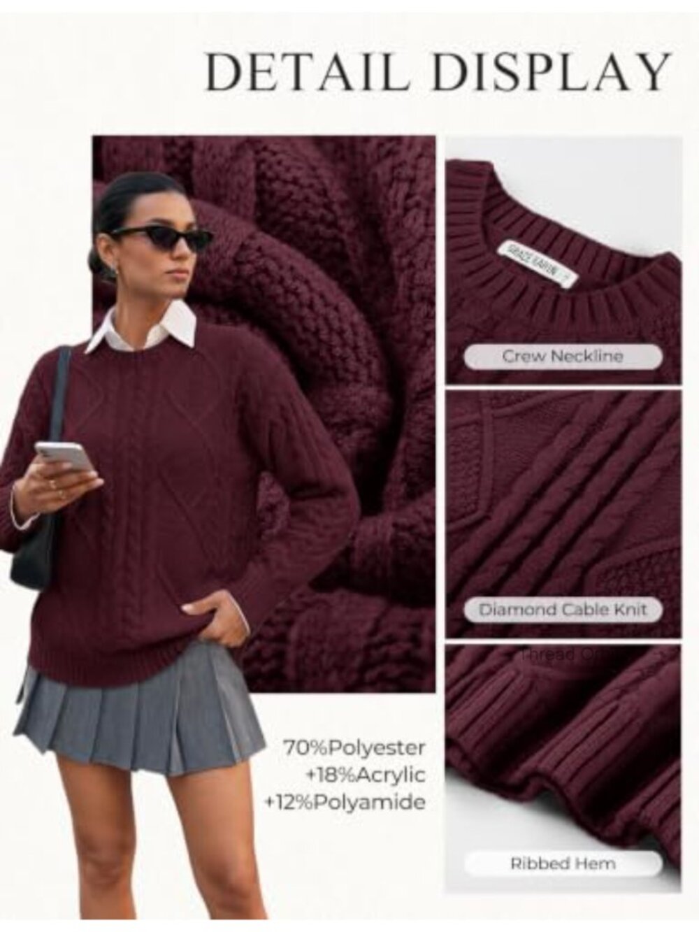Women Cable Knit Crew Neck Pullover Sweater Warm Cozy Fall Winter - Picture 4 of 6